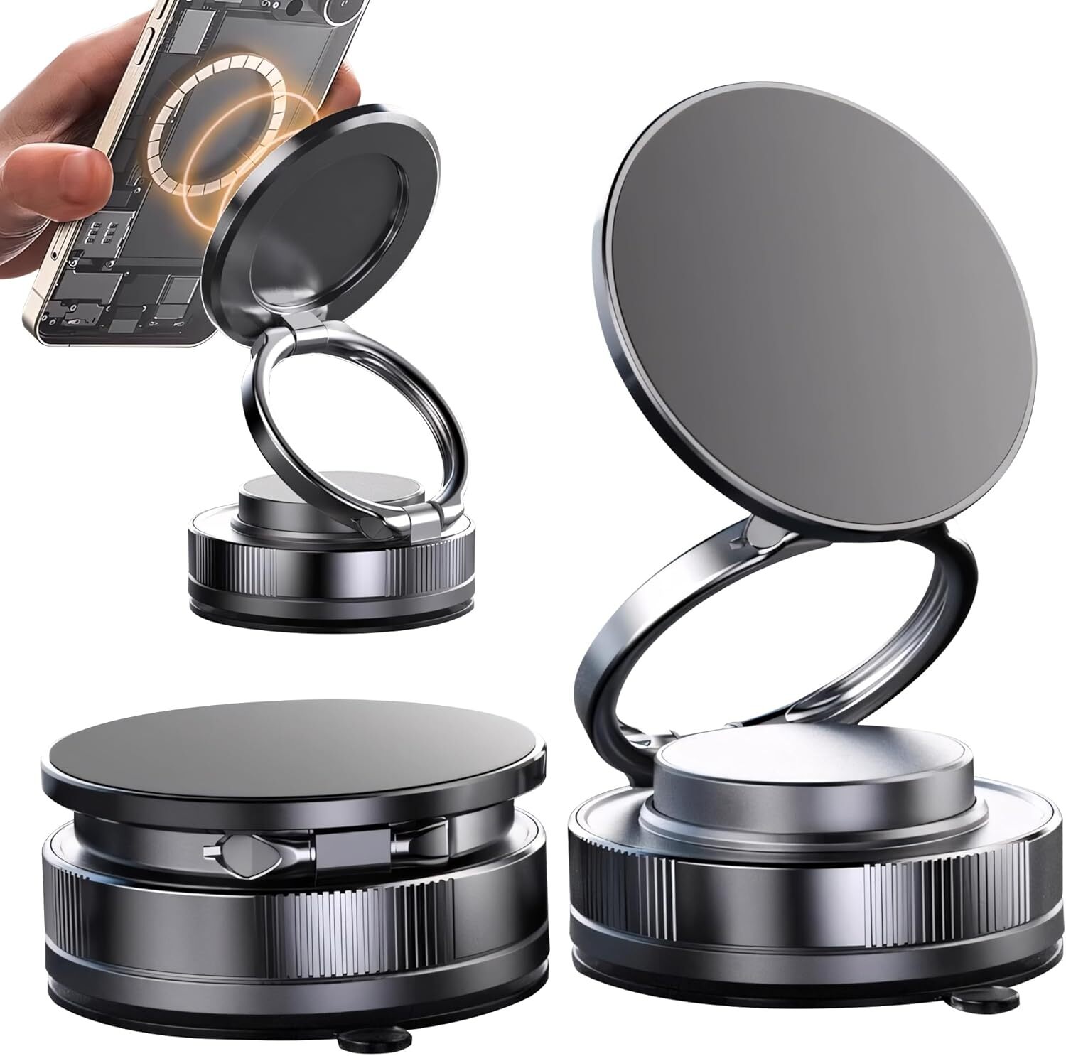 Vacuum Magnetic Phone Holder Twist-Lock Suction Foldable Ring Stand Car Mount