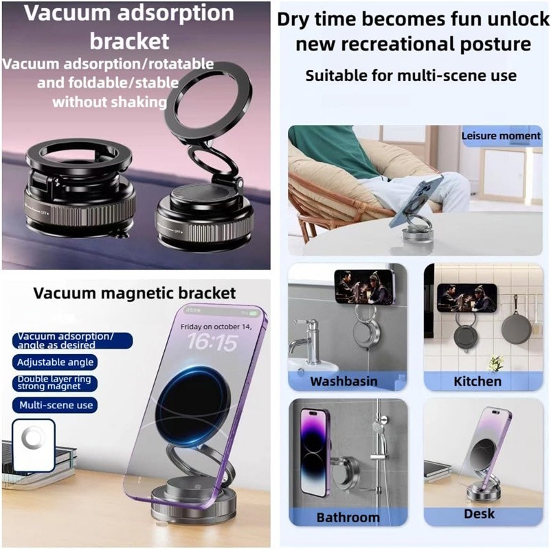 Vacuum Magnetic Phone Holder Twist-Lock Suction Foldable Ring Stand Car Mount