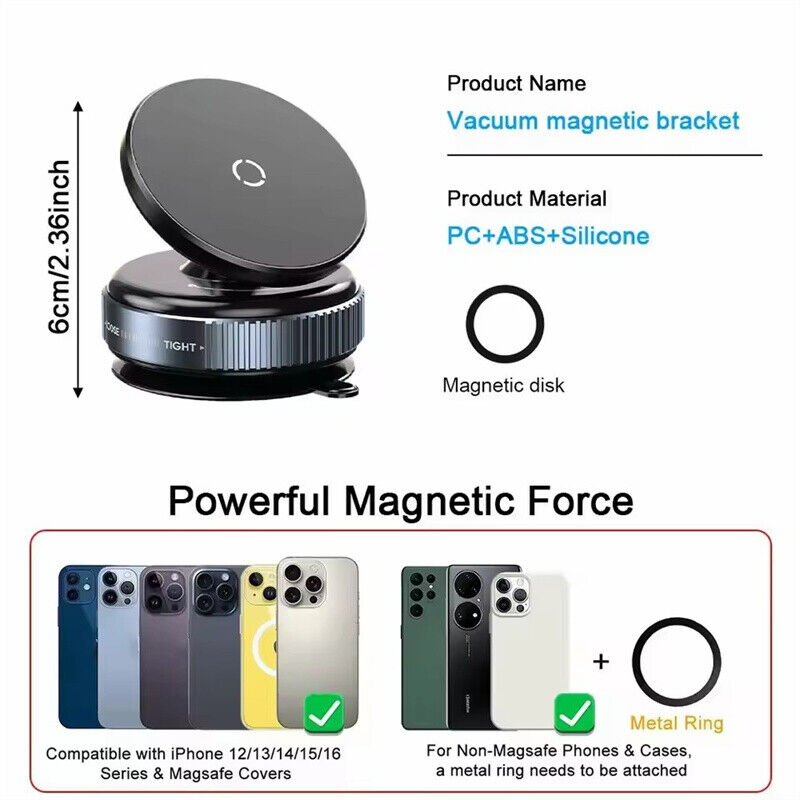 Magnetic Vacuum Phone Mount with Twist-Lock Suction 360° Rotation
