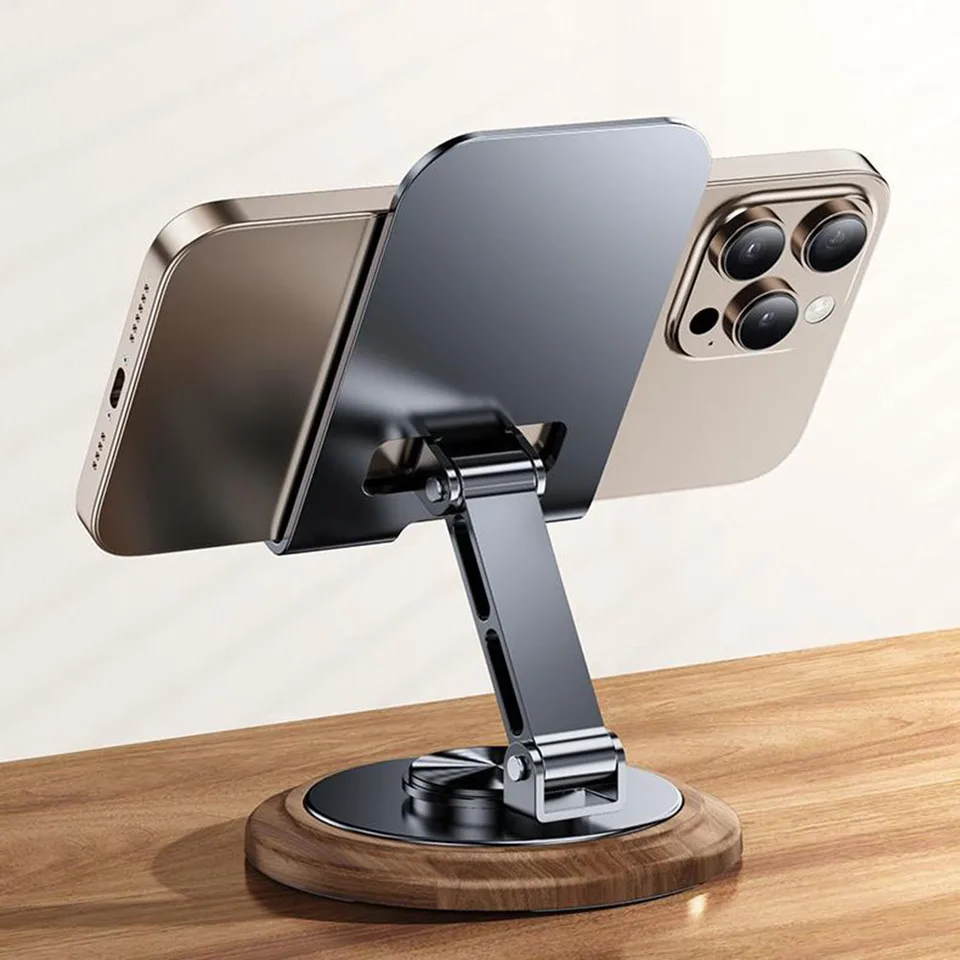 Premium Metal Phone Stand with Wooden Base