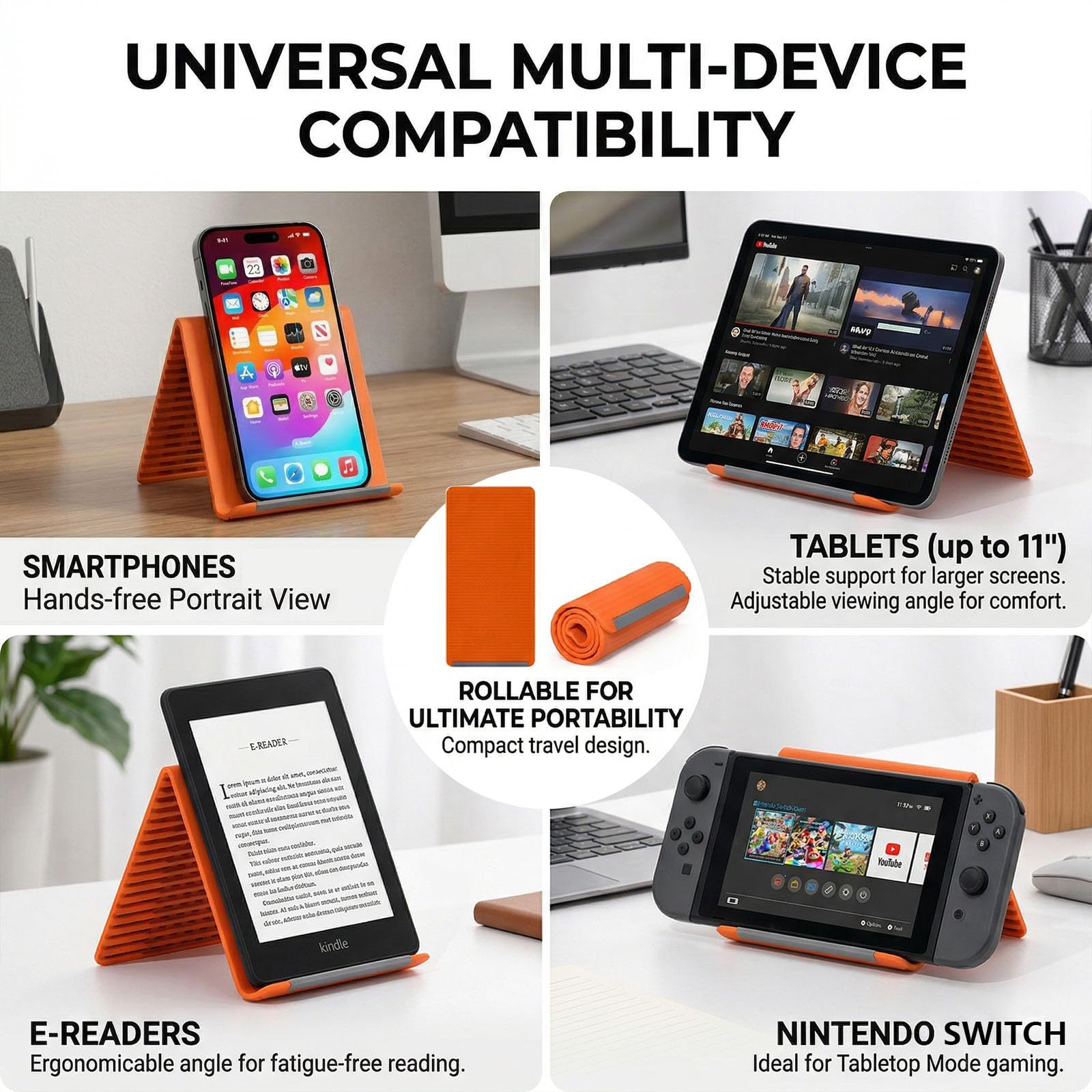 Flexible Silicone Aluminum Phone Holder Foldable Bendable Desktop Stand for iPhone, Android, Tablet 