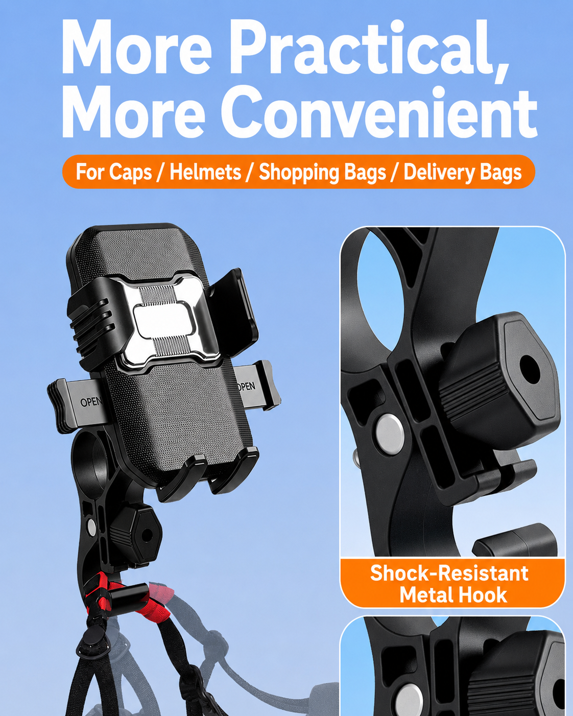 Motorcycle Phone Mount with Utility Hook One-Touch Lock Handlebar Phone Holder