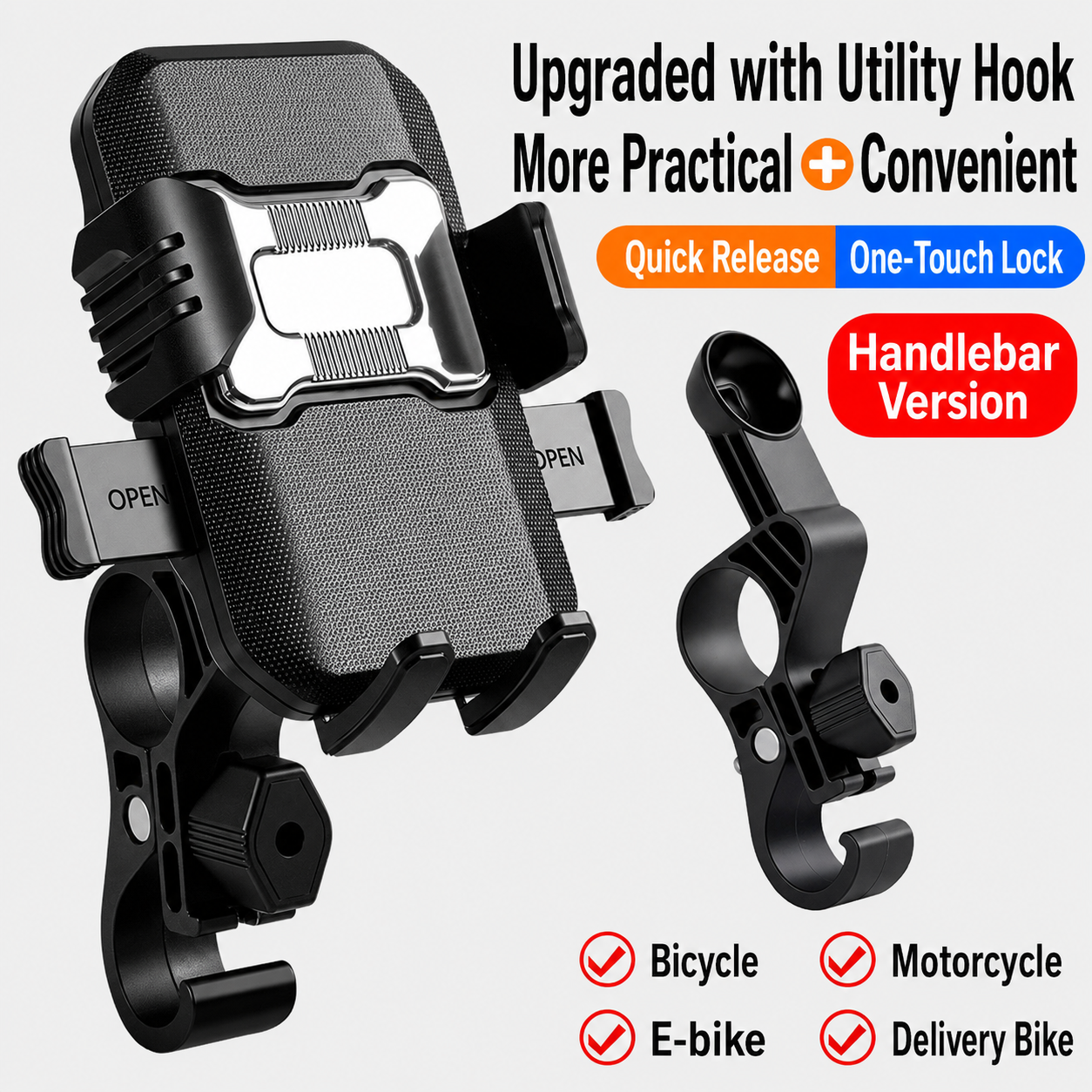 Motorcycle Phone Mount with Utility Hook One-Touch Lock Handlebar Phone Holder