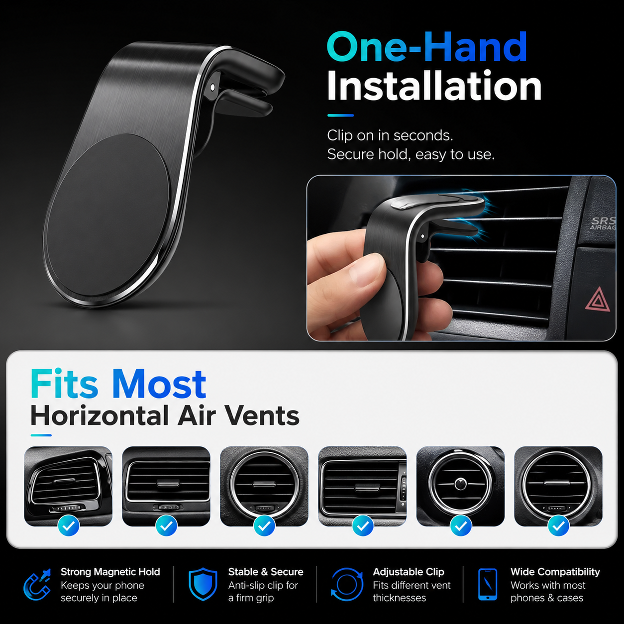 L-Shaped Magnetic Air Vent Car Phone Mount with Adjustable Clip
