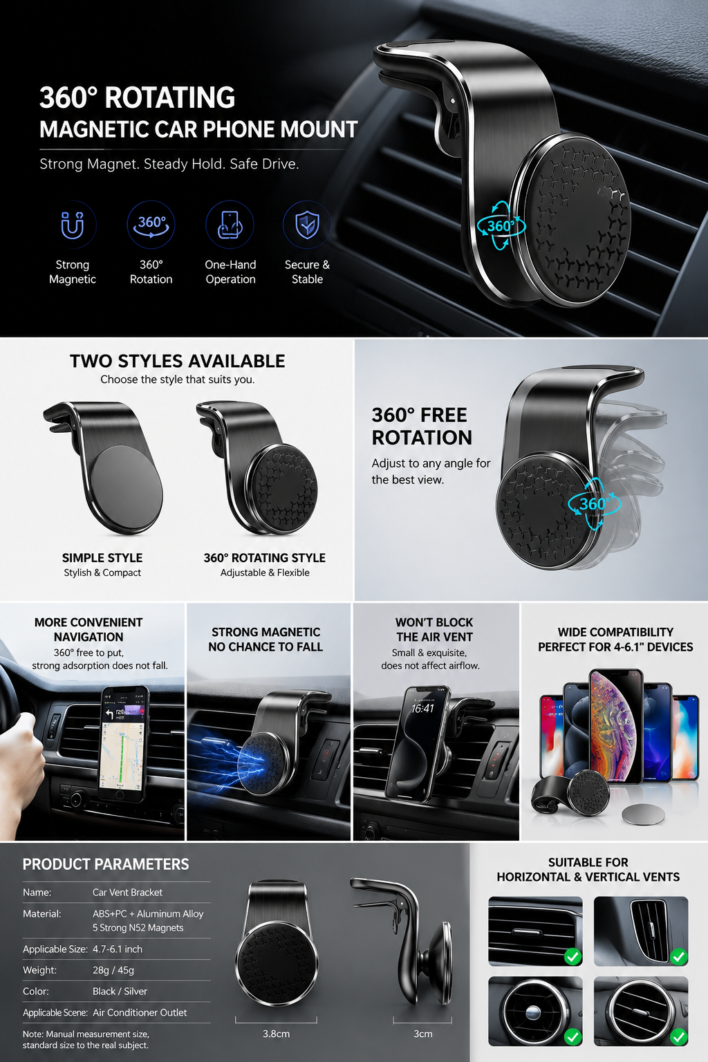 Magnetic Air Vent Phone Holder with 360° Rotation