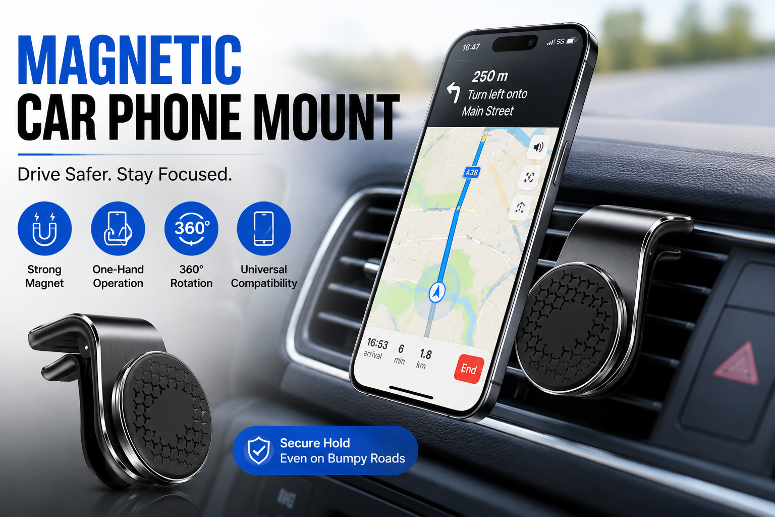 Magnetic Air Vent Phone Holder with 360° Rotation