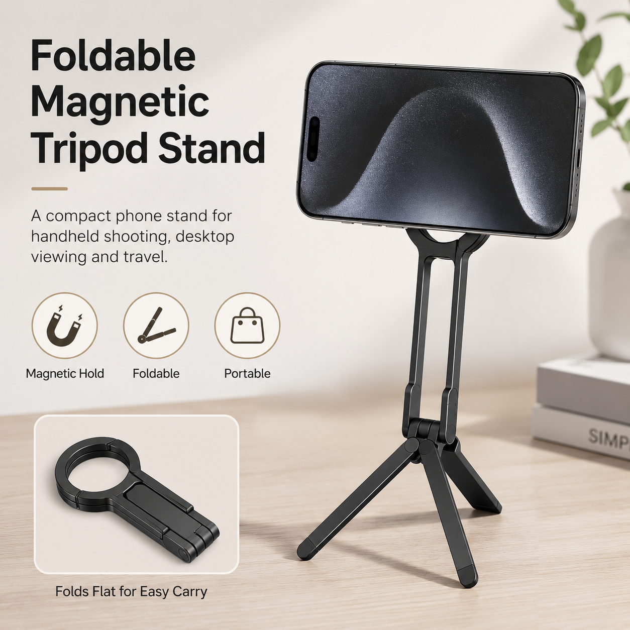 Ring Magnetic Folding Phone Stand with Tripod Legs  Portable Phone Mount
