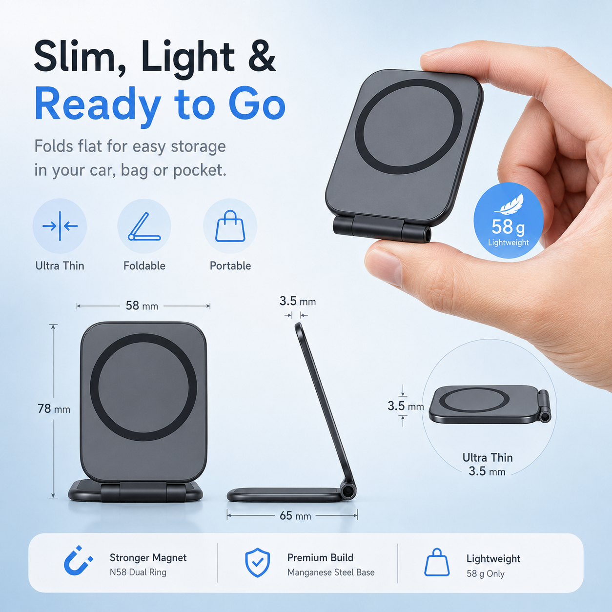 Ultra-Thin Magnetic Car Phone Mount Foldable MagSafe Dashboard Stand