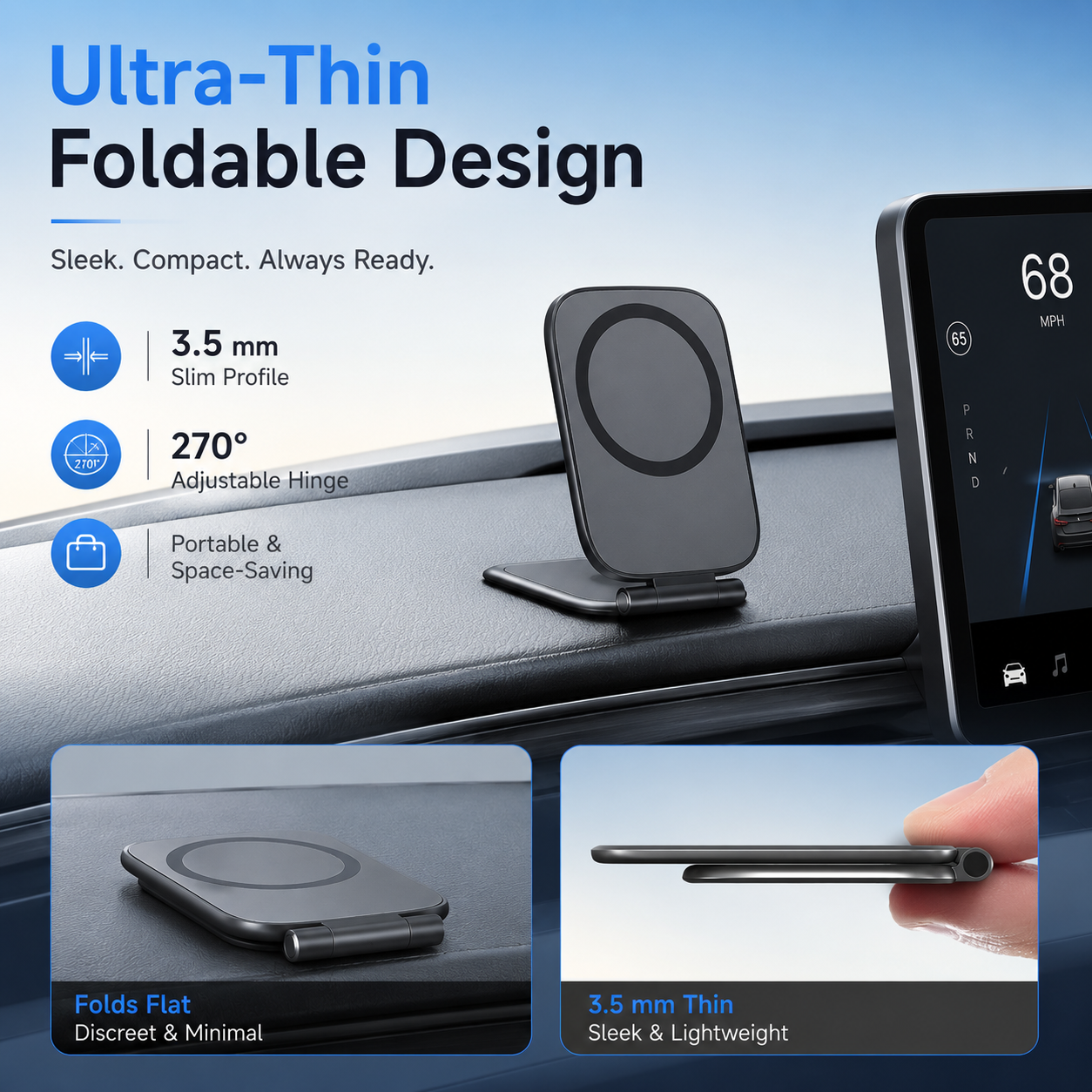 Ultra-Thin Magnetic Car Phone Mount Foldable MagSafe Dashboard Stand