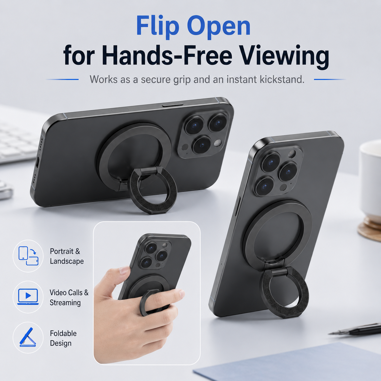 Triple-Fold Magnetic Phone Ring Holder for MagSafe – Double-Sided Grip Stand