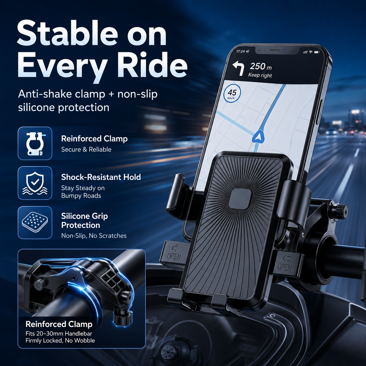 Motorcycle Phone Mount  One-Hand Lock & Anti-Shake