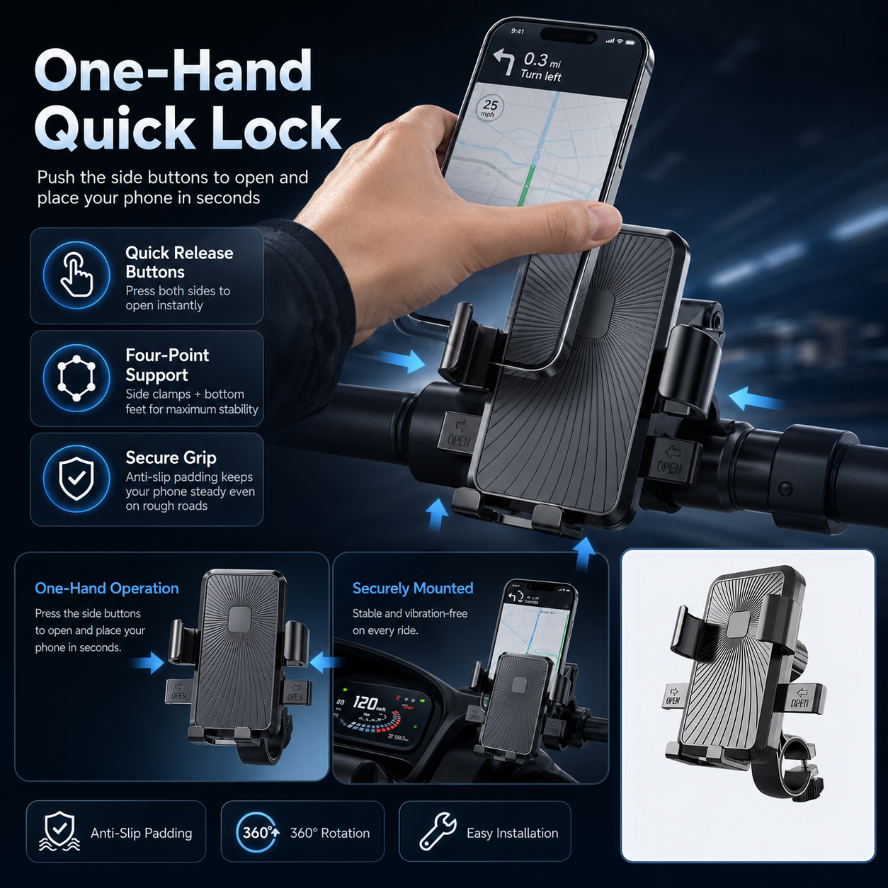 Motorcycle Phone Mount  One-Hand Lock & Anti-Shake
