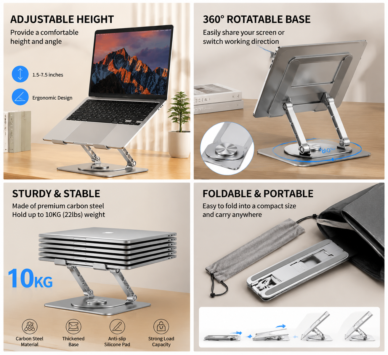 360° Rotatable Adjustable Laptop Stand, Foldable Ergonomic Computer Stand for Desk